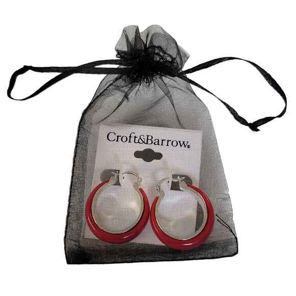 Croft & Barrow Red Silver Hoop Earrings Pierced 1.43in Resin Metal, Gift Bag - Picture 5 of 6